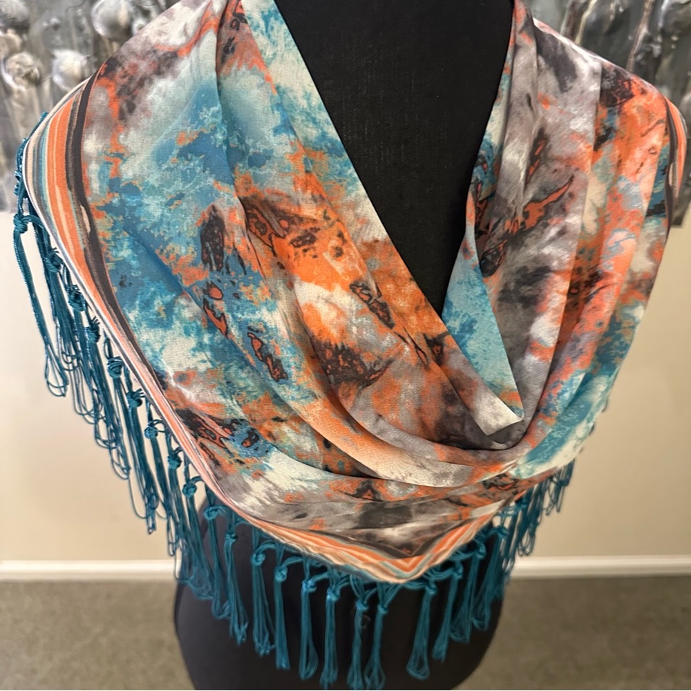 Teal & Orange Abstract Fringe Silk-Feel Scarf Wrap - Picture 5 of 7